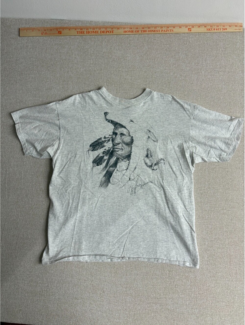 Vintage 90s Oneita Native American Chief Artwork Graphic T-Shirt XL Heather Grey